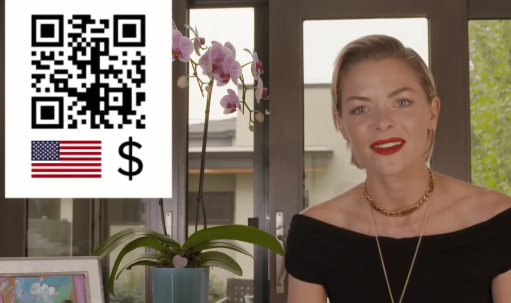 Image from the 2020 DKMS Gala depicting actress Jaime King, with a QR code in the top left of the screen
