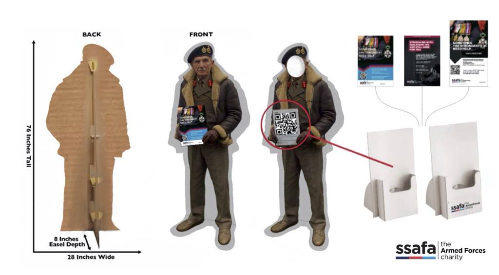 Image of a cardboard cutout, featuring a SSAFA veteran in WWII uniform holding a QR code.